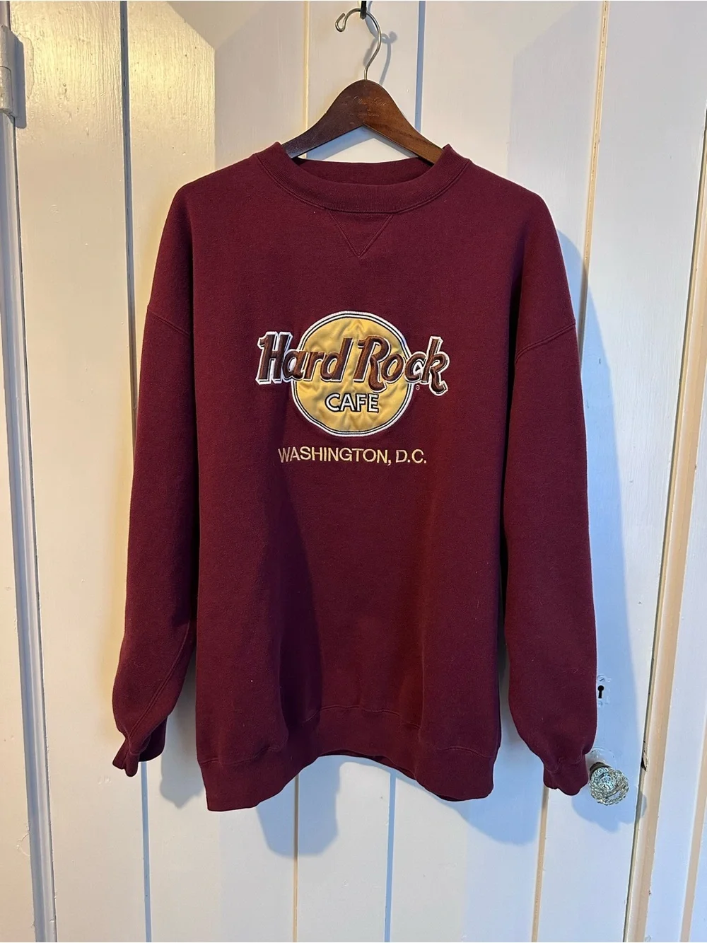 Hard Rock Cafe Maroon Crewneck Sweatshirt with Gold Logo
